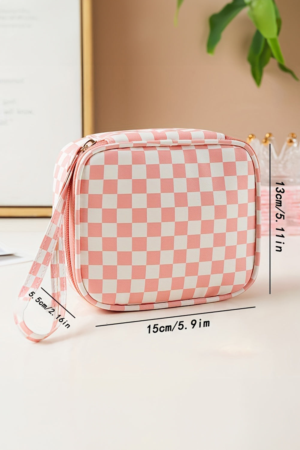 Light Pink Checkered Pattern Small Cosmetic Bag