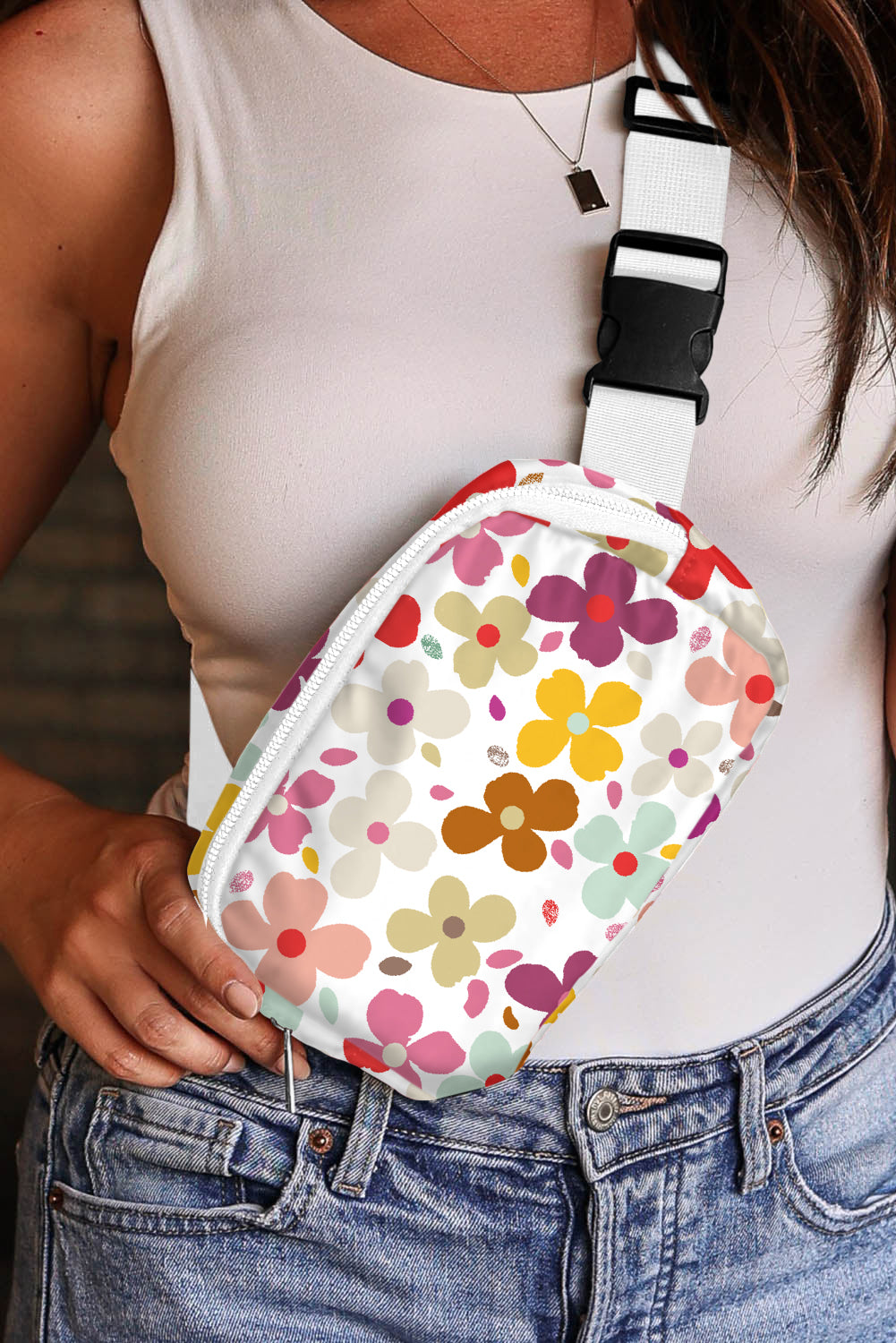 White Cute Summer Flower Print Crossbody Bag