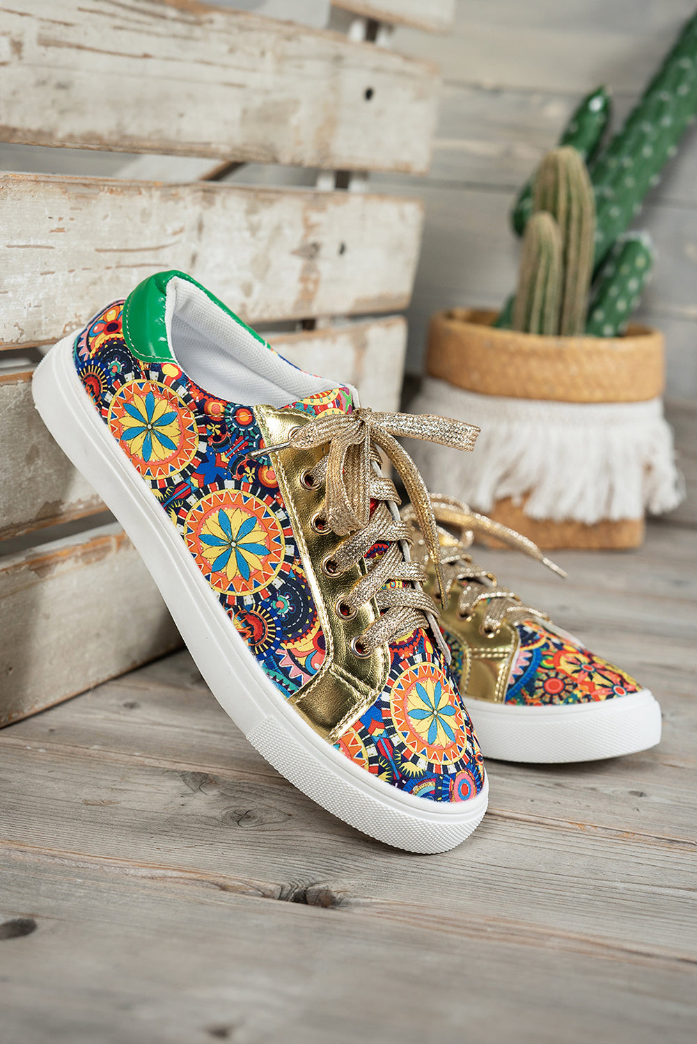 Gold Lace-up Sleek Floral Patchwork Flat Shoes