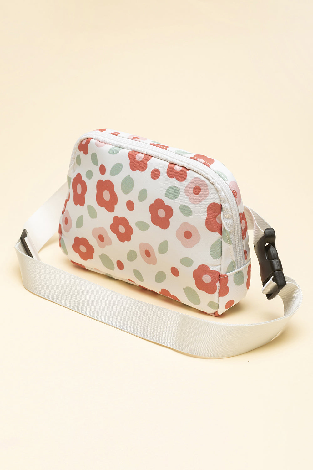 White Floral Print Buckle Wide Belt Zipper Crossbody Bag