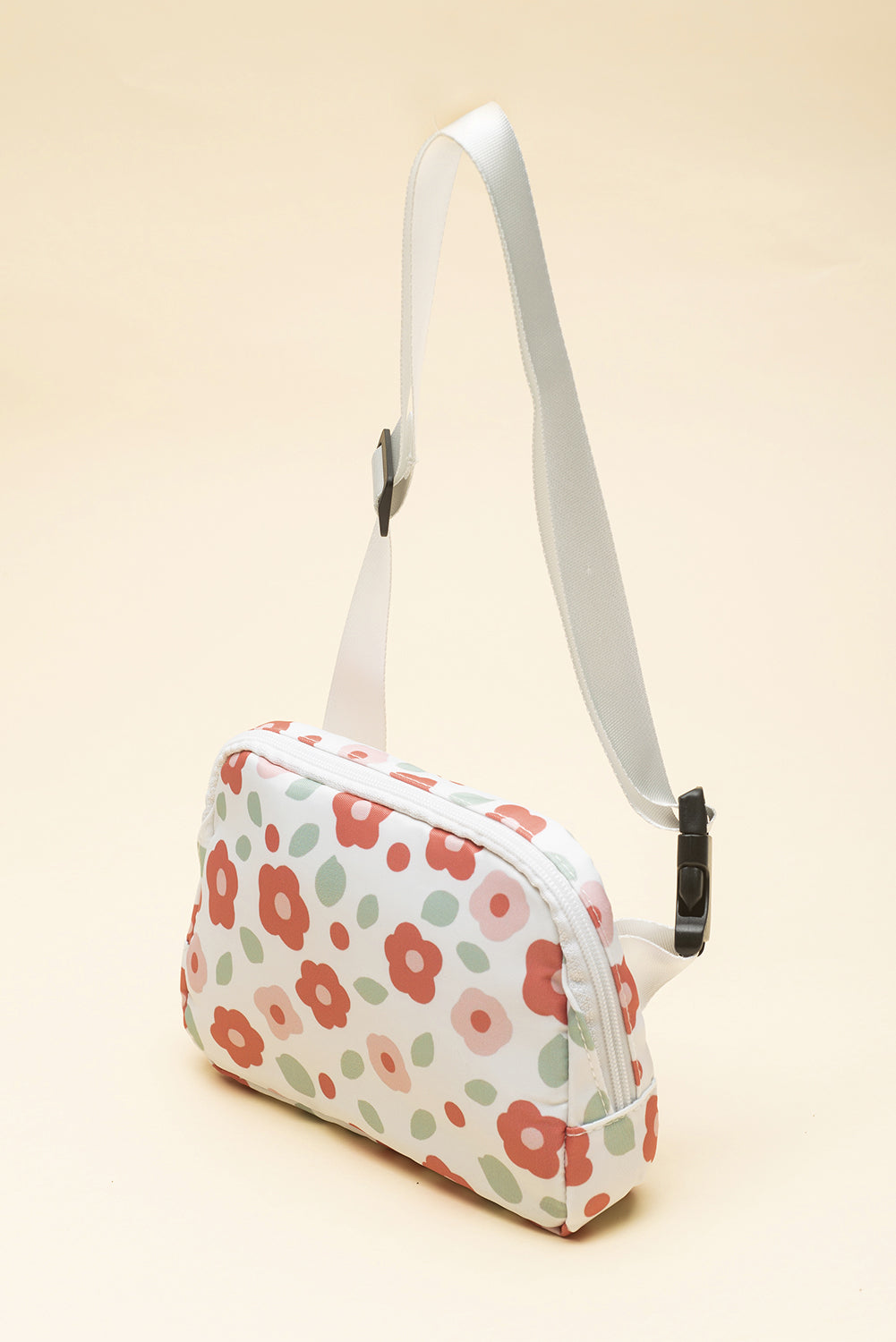 White Floral Print Buckle Wide Belt Zipper Crossbody Bag