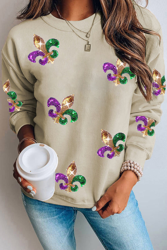 Khaki Sequin Mardi Gras Graphic Pullover Sweatshirt (Copy)