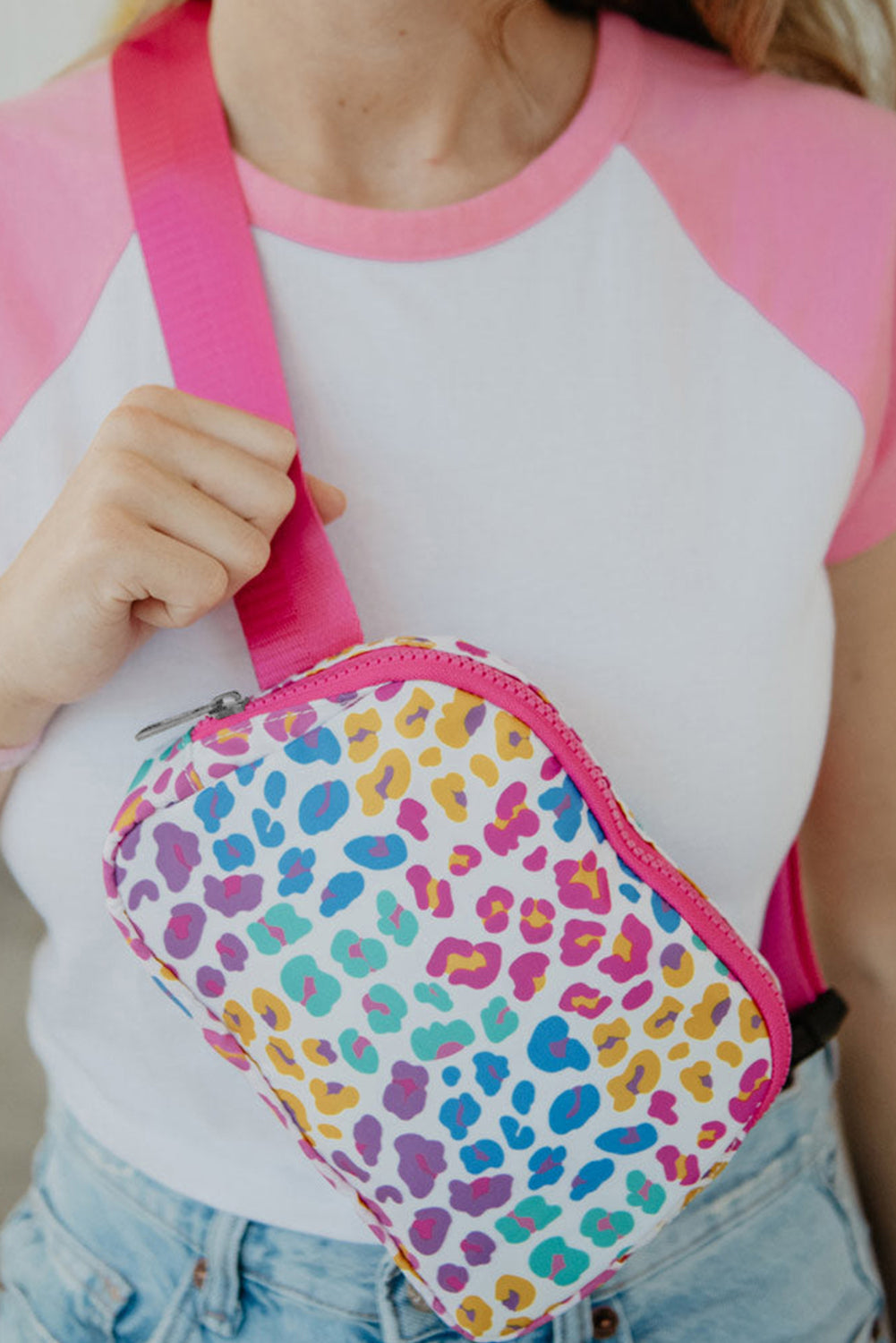 Rose Red Leopard Print Zipper Wide Strap Sling Bag