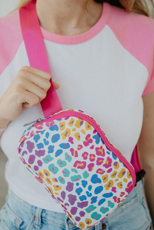 Rose Red Leopard Print Zipper Wide Strap Sling Bag