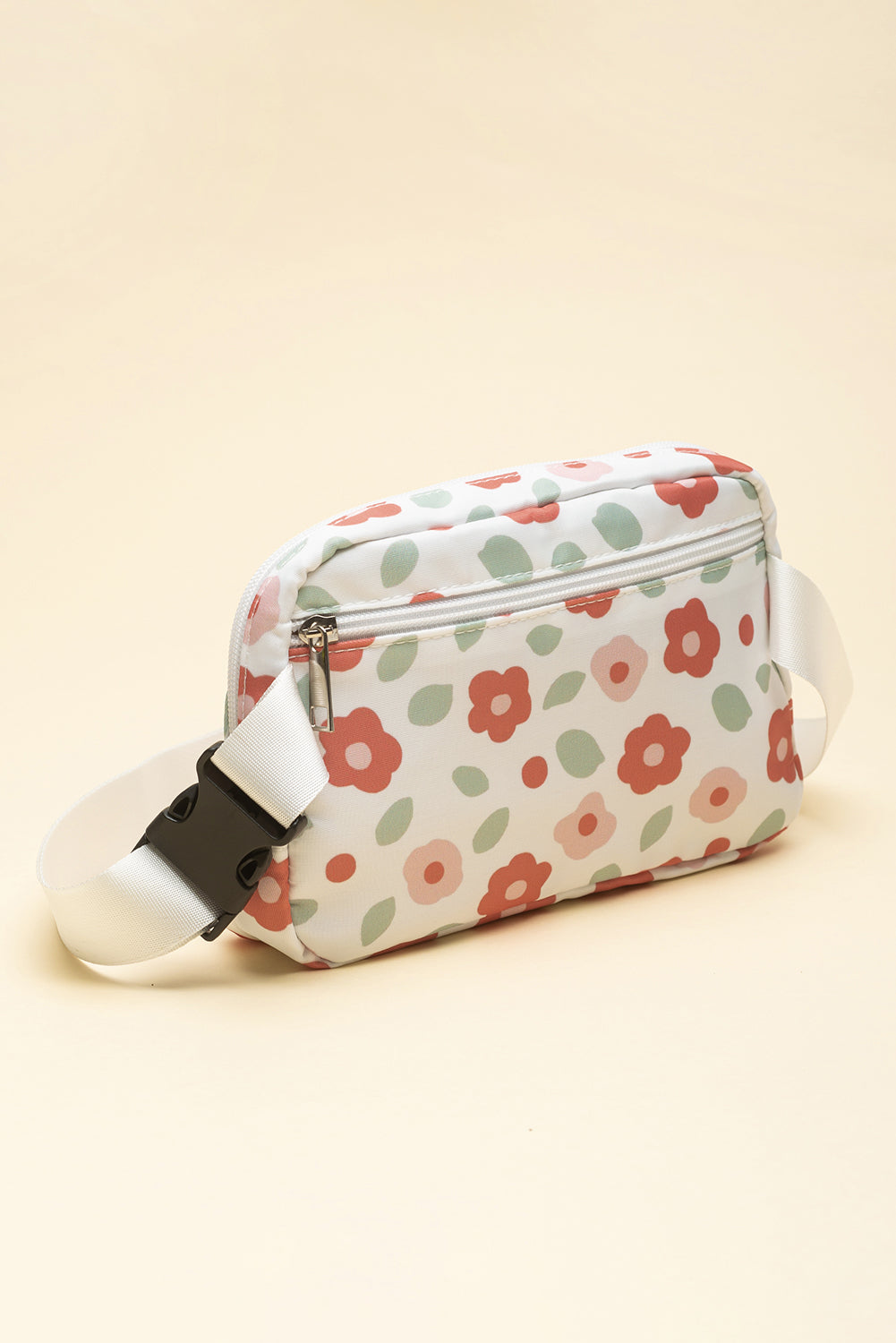 White Floral Print Buckle Wide Belt Zipper Crossbody Bag