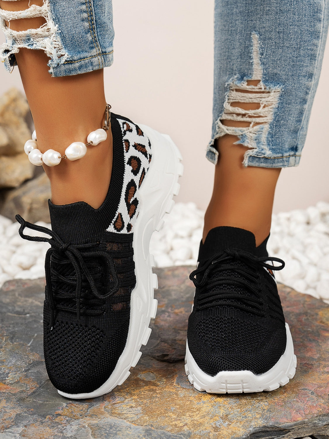 Cutout Leopard Lace Up Mesh Athletic