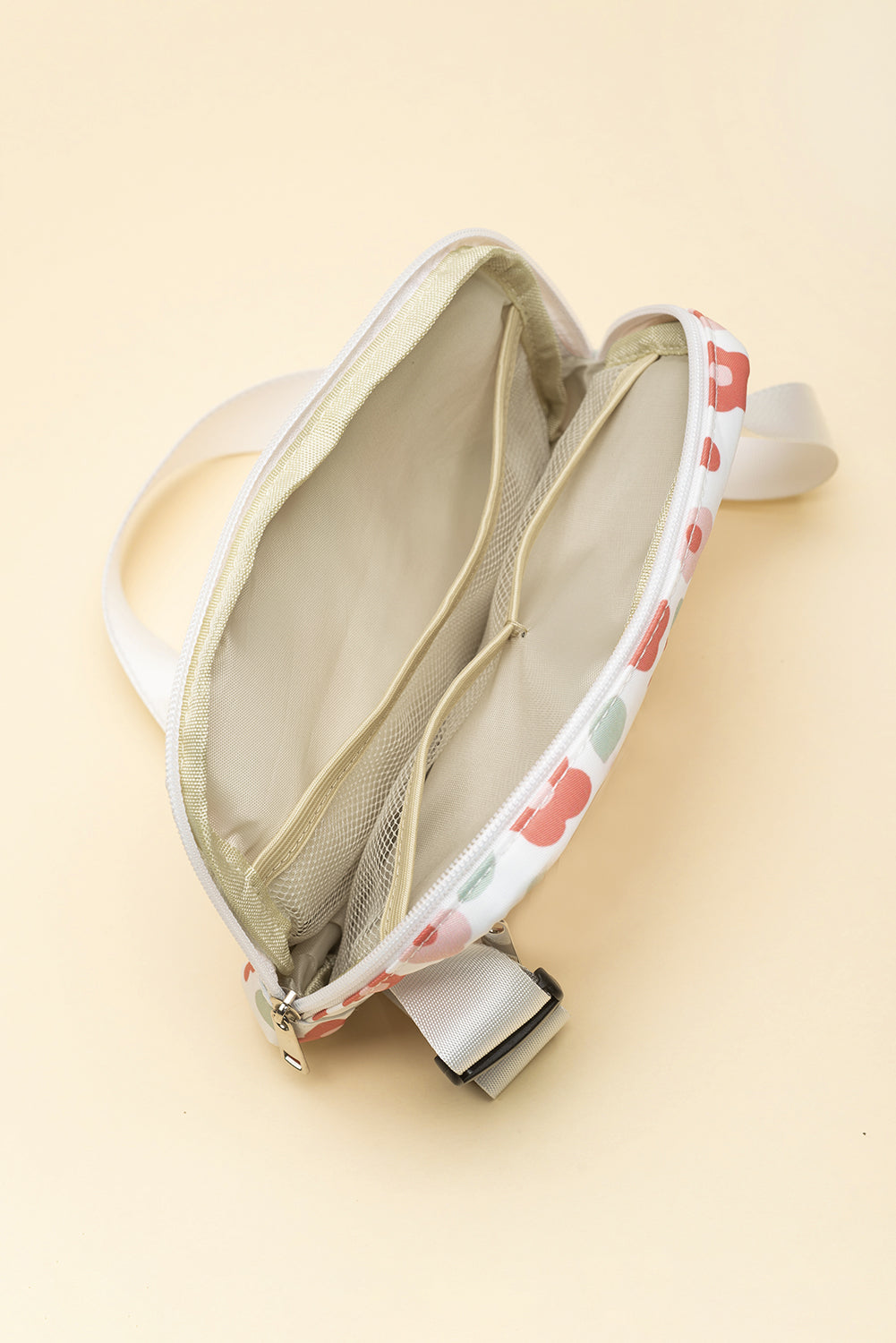 White Floral Print Buckle Wide Belt Zipper Crossbody Bag