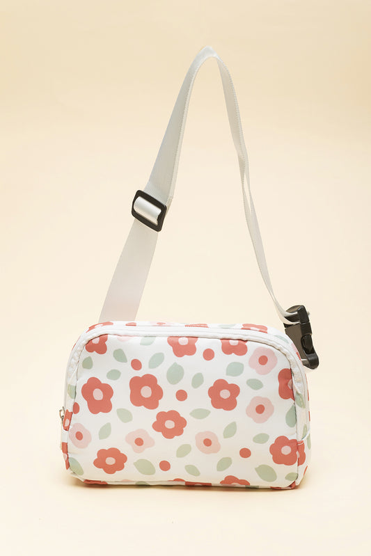 White Floral Print Buckle Wide Belt Zipper Crossbody Bag