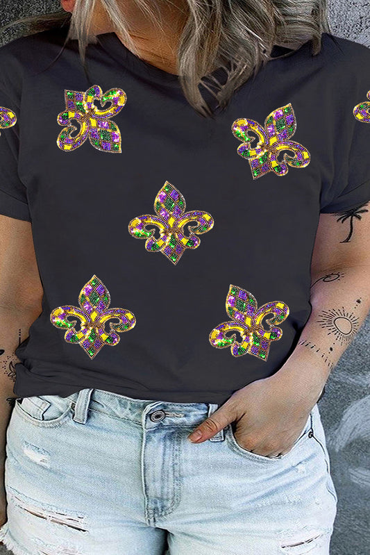 Black Mardi Gras Fleur de Lis Patched Graphic Crewneck Plus Size Tee