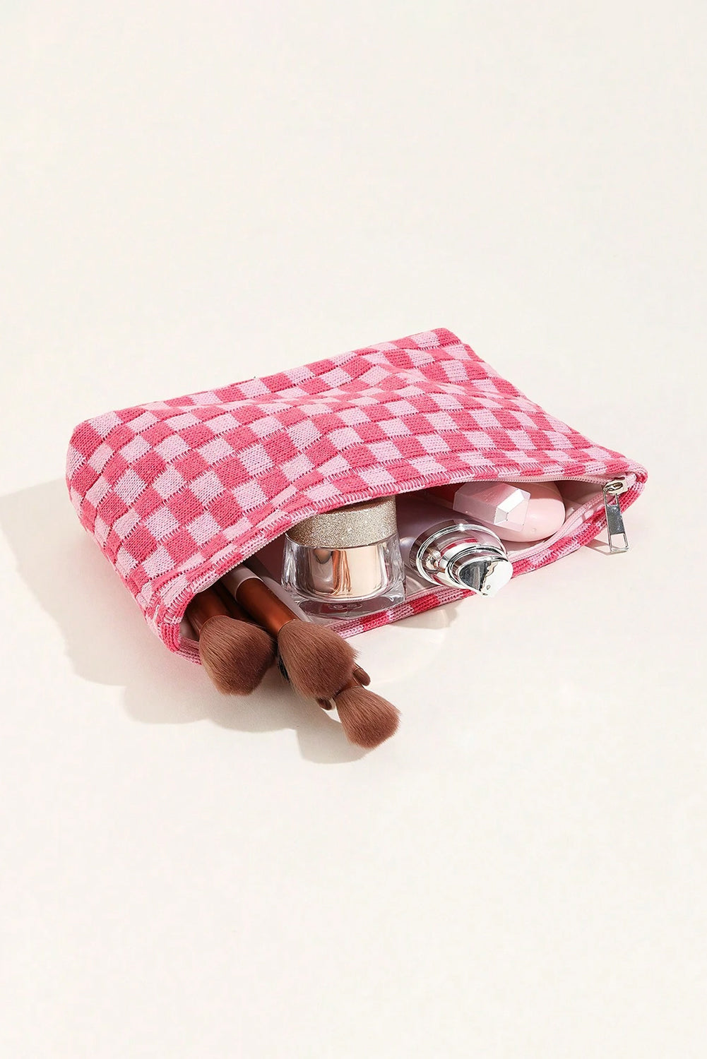 Bright Pink Checkered Print Cosmetic Bag