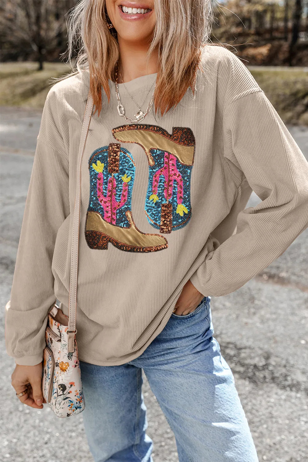 Full Size Sequin Boots Round Neck Long Sleeve Sweatshirt (Copy)