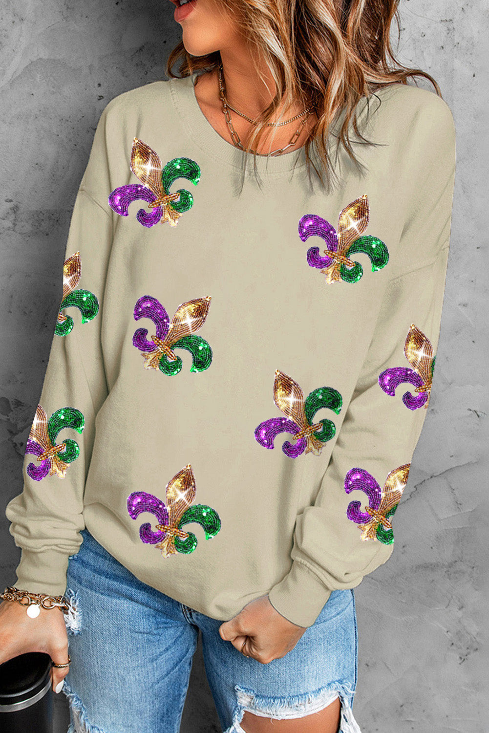 Khaki Sequin Mardi Gras Graphic Pullover Sweatshirt (Copy)