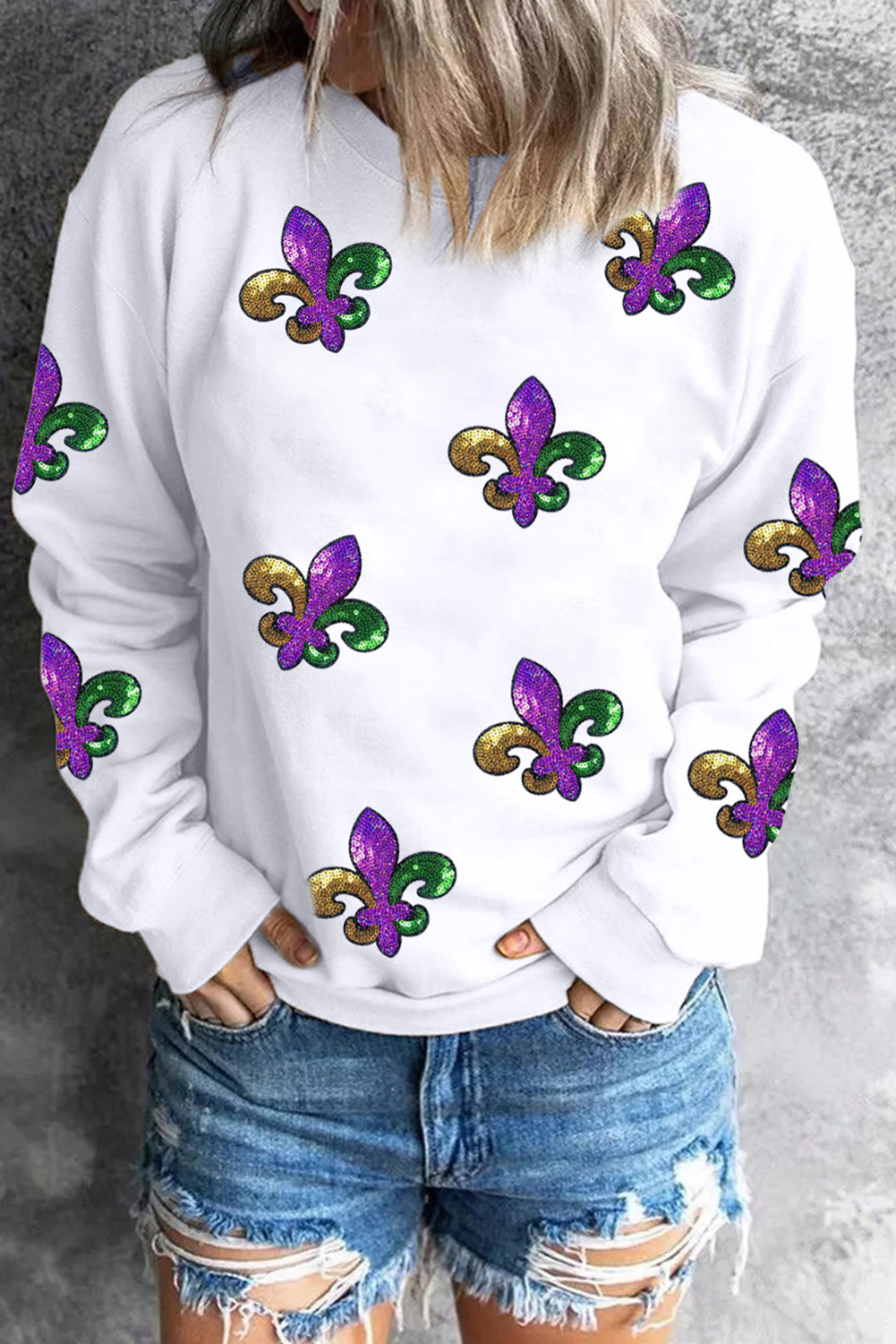 White Fleur De Lis Sequin Patched Graphic Drop Shoulder Sweatshirt