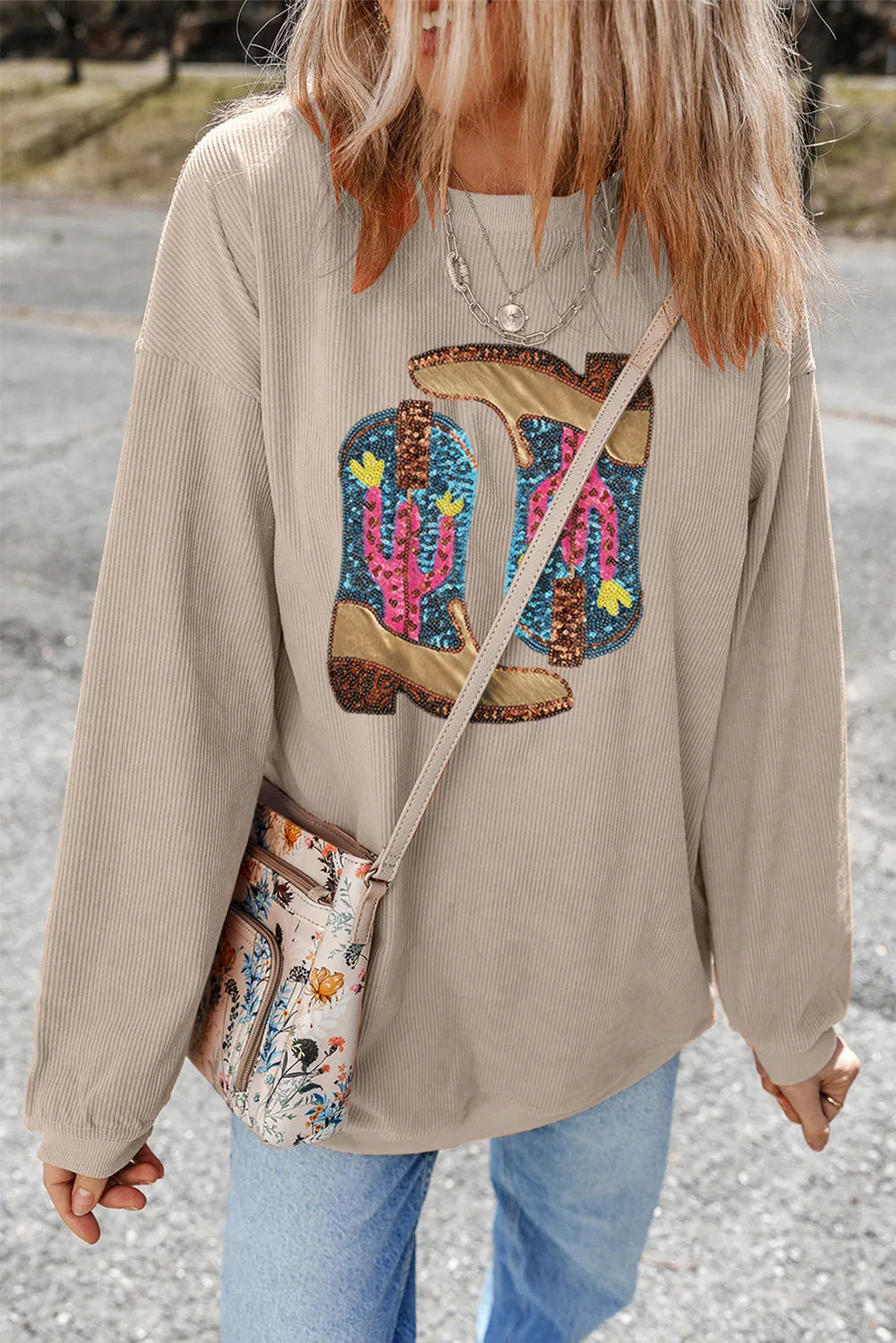 Full Size Sequin Boots Round Neck Long Sleeve Sweatshirt (Copy)