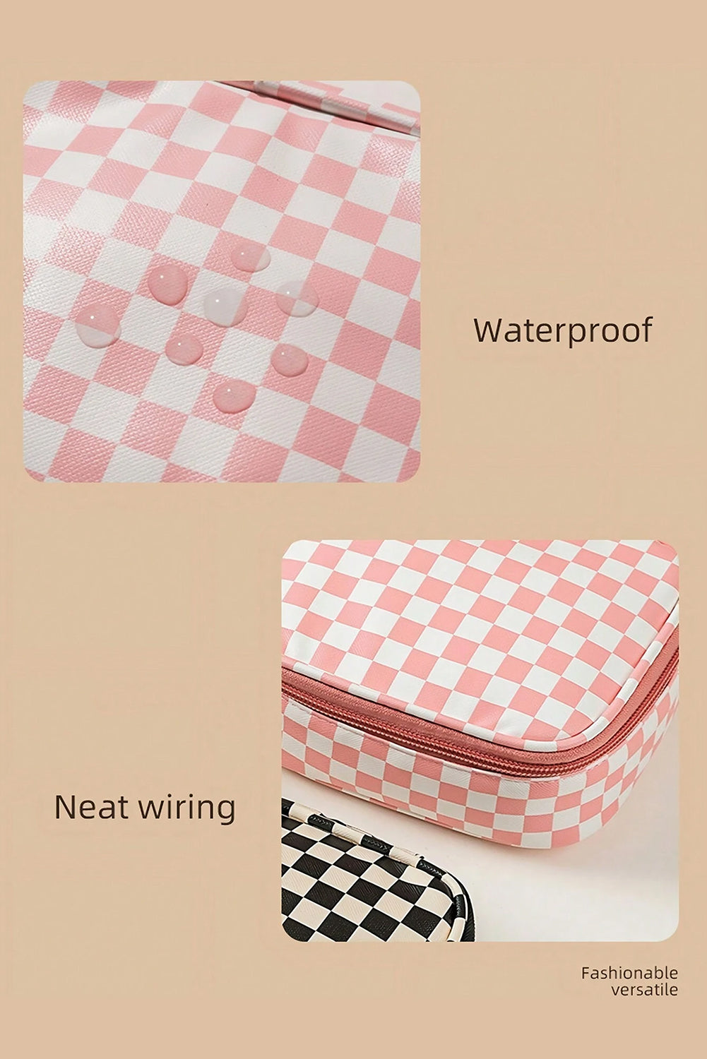 Light Pink Checkered Pattern Small Cosmetic Bag