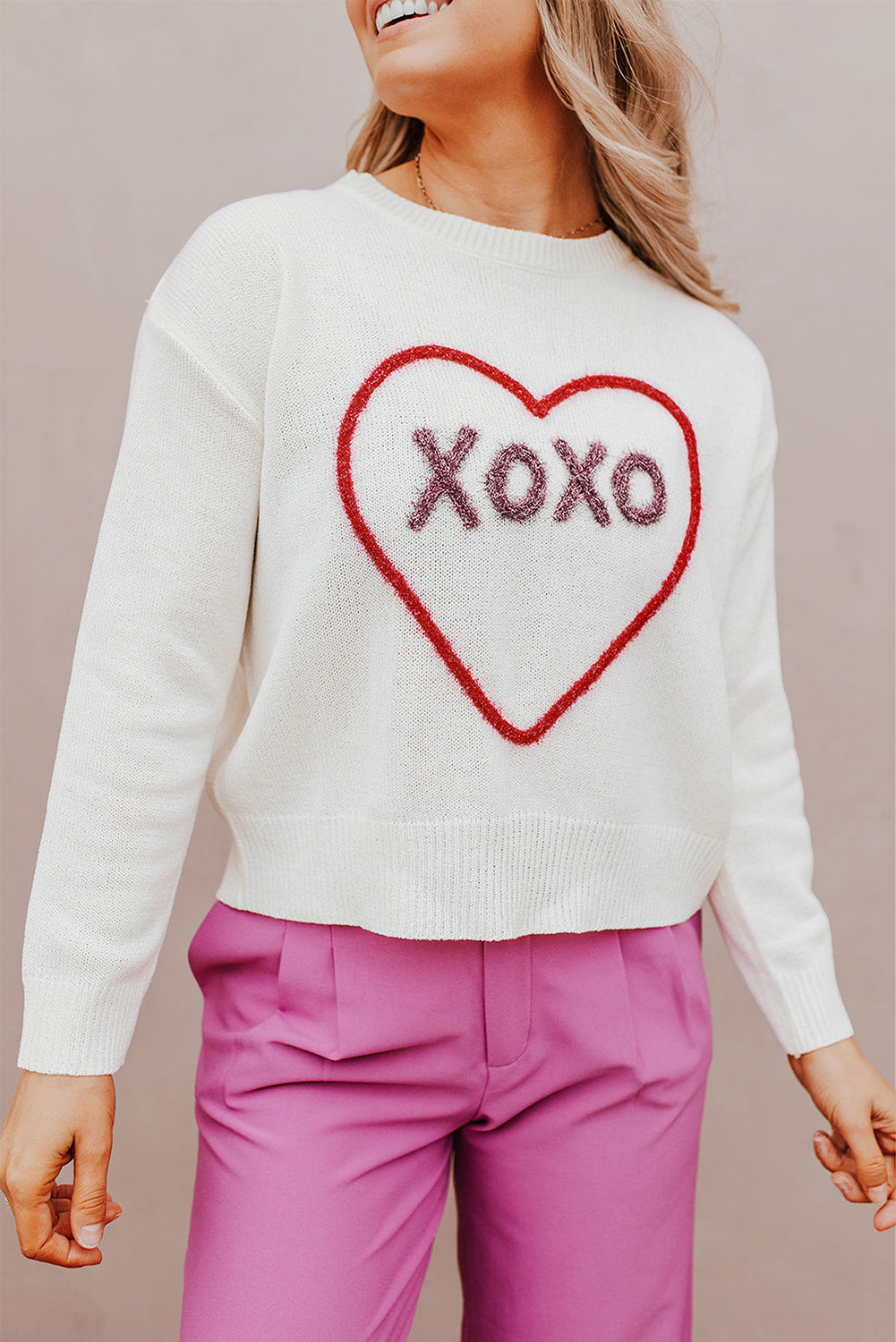 XOXO Round Neck Drop Shoulder Sweater