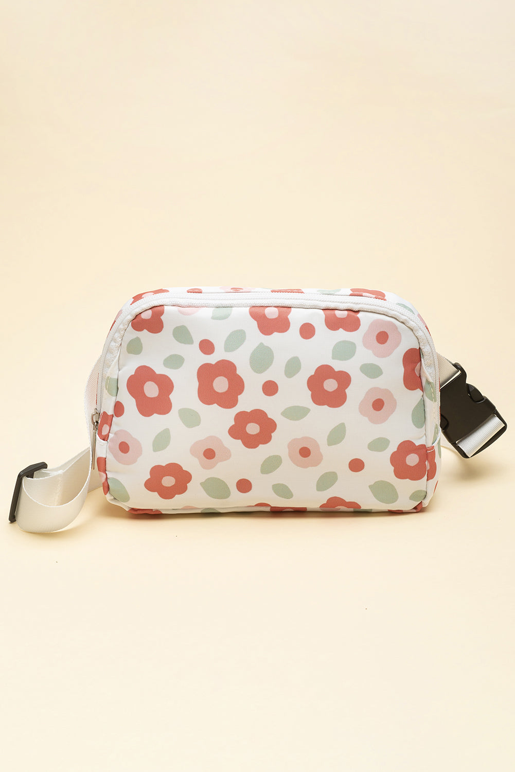 White Floral Print Buckle Wide Belt Zipper Crossbody Bag