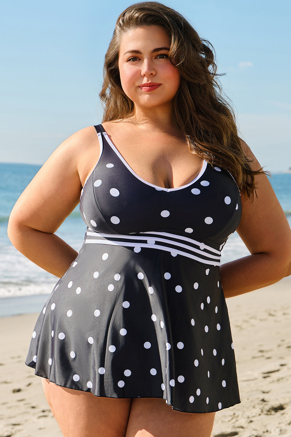 Black Polka Dot Trim V Neck Plus Size Swim Dress