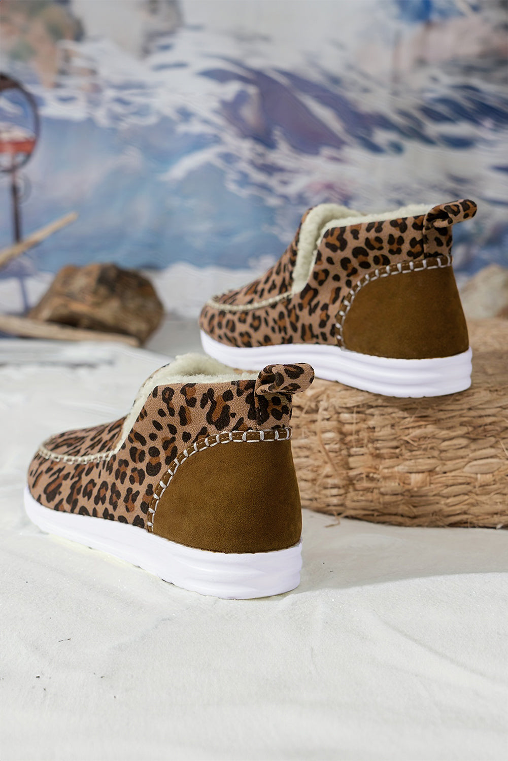 Brown Leopard Print Ankle Patched Flat Winter Fur Boots