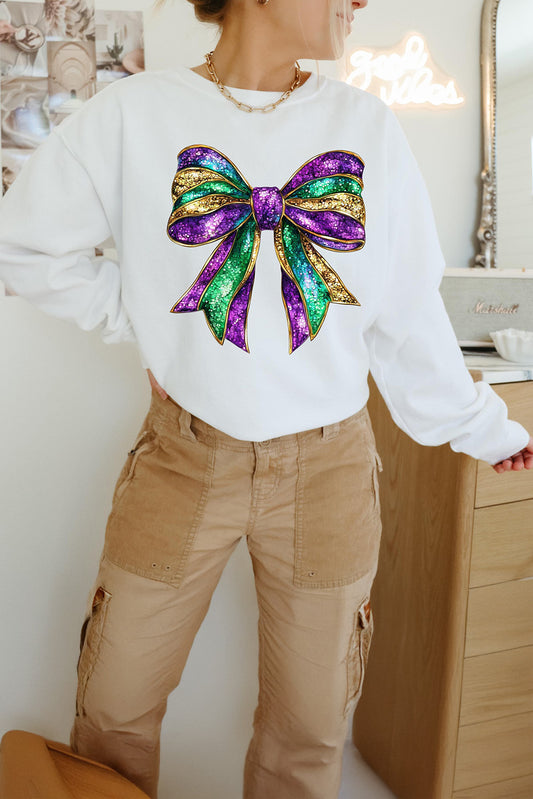 White Mardi Gras Bow Graphic Drop Shoulder Sweatshirt