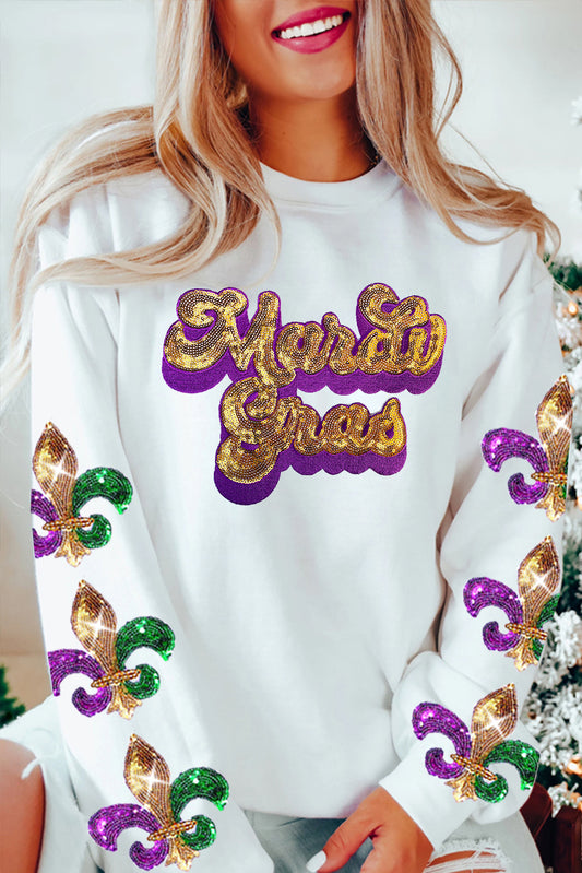 Beige Sequin Mardi Gras Patched Pattern Fleur de Lis Sleeve Sweatshirt (Copy)