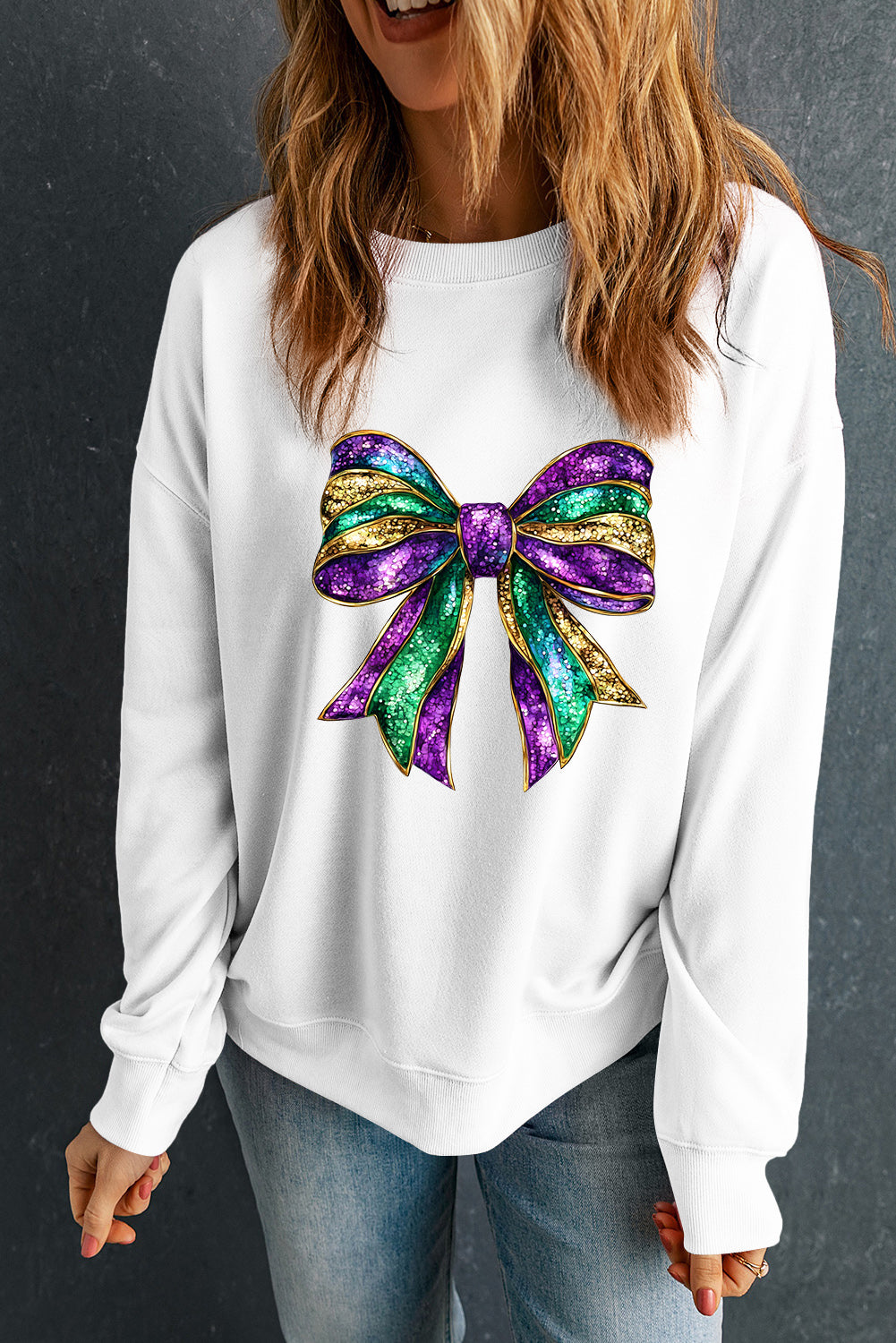 White Mardi Gras Bow Graphic Drop Shoulder Sweatshirt