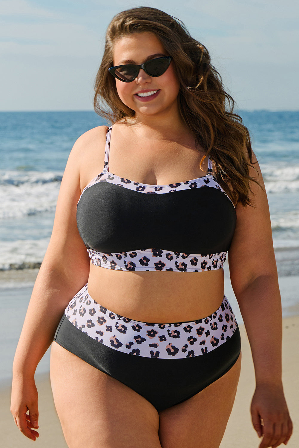 Black 2pcs Leopard Patchwork Plus Size High Waisted Swimsuit