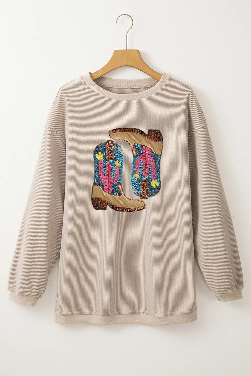 Full Size Sequin Boots Round Neck Long Sleeve Sweatshirt (Copy)